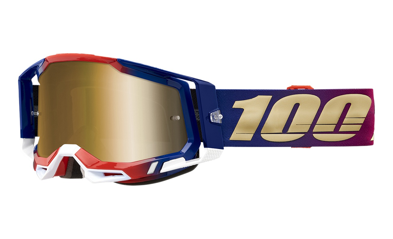 Motokrosové okuliare 100% RACECRAFT 2 United modro-červeno-zlaté (zlaté plexi)