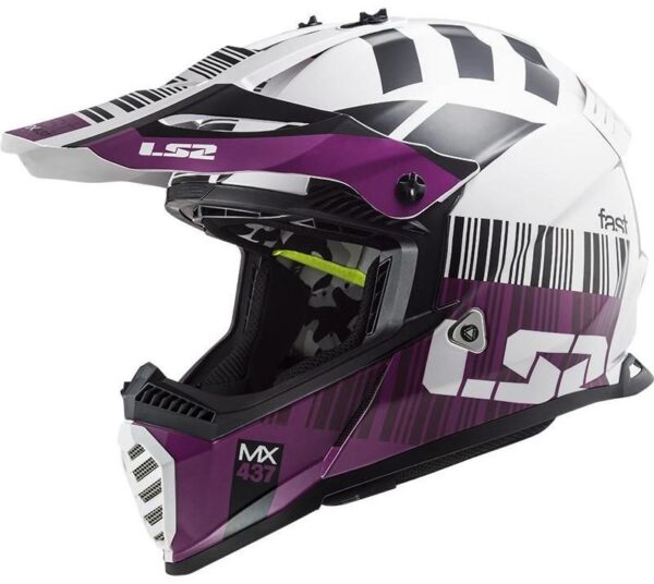 Motokrosová prilba LS2 MX437 Fast Evo XCODE bielo-fialová lesklá Veľkosť: S