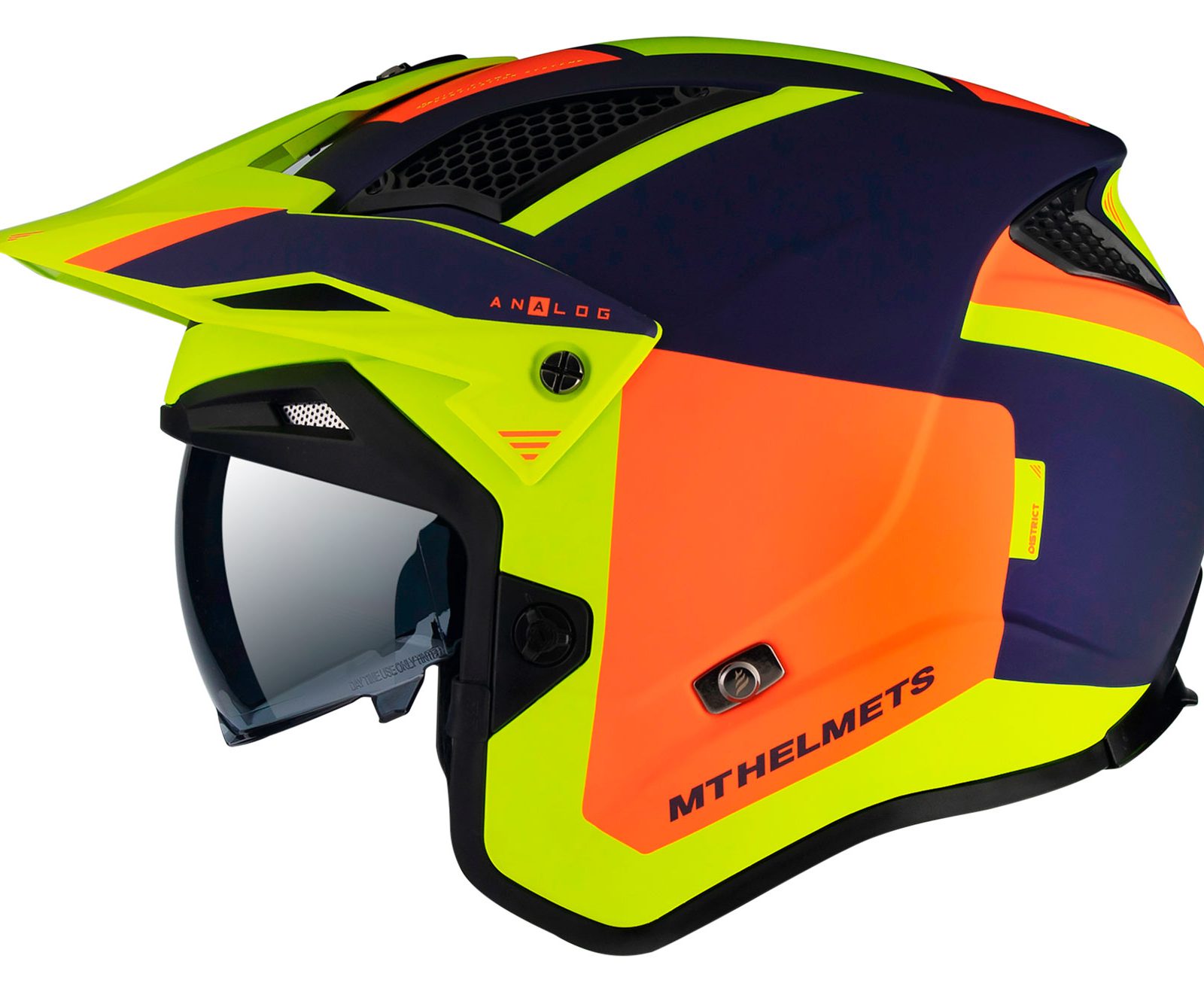 Otvorená trialová prilba na motocykel MT District SV Analog D27 modro-oranžovo-fluo žltá Veľkosť: S